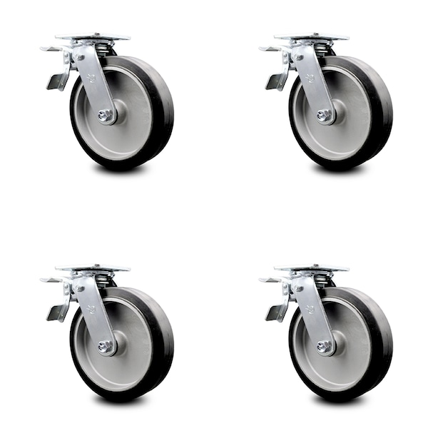 8 Inch Rubber on Aluminum Caster Set with Ball Bearing and Total Lock Brake SCC